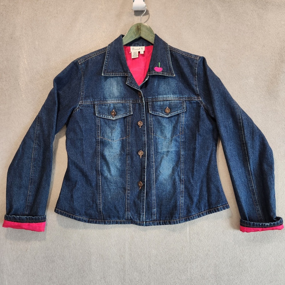 Daniel K Womens Blue Denim Jacket Pink Lining Embroidered Handbags Cherry Large